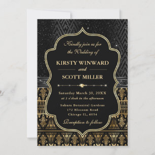 Glamourous Ornate Black Gold Art Deco Wedding Invitation