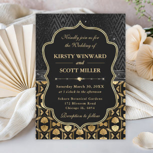 Glamourous Ornate Black Gold Art Deco Wedding Invitation