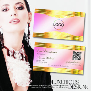 Glamourous Pastel Pink Gold Borders Logo QR Code Business Card