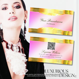 Glamourous Pastel Pink Gold Borders with QR Code Business Card