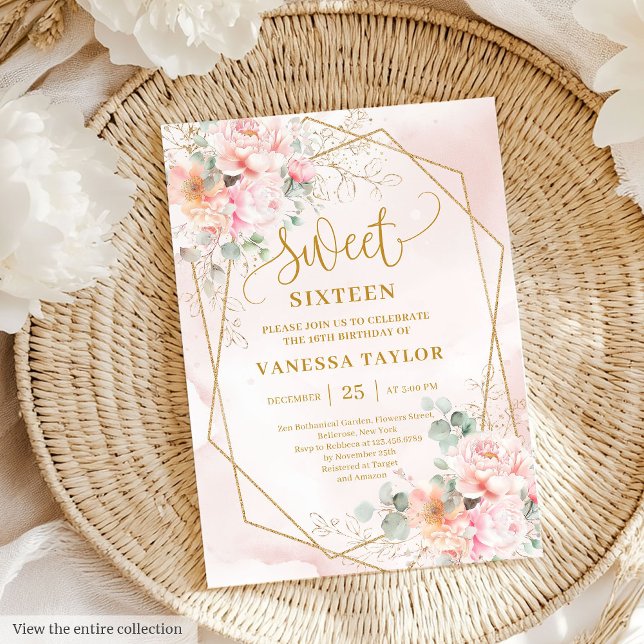 Glamourous Pastel Pink Gold Floral Sweet 16 Invite (Glamorous Pastel Pink Gold Floral Sweet 16 Invitation)