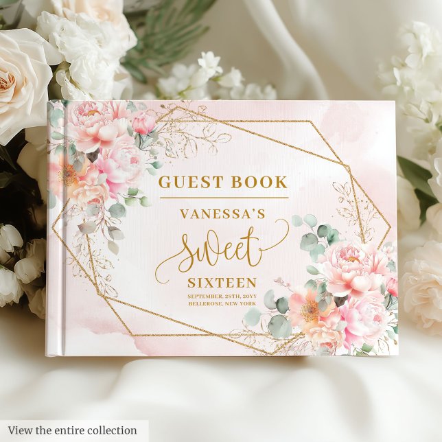 Glamourous Pastel Pink Gold Floral Sweet Sixteen   Guest Book (Glamorous Pastel Pink Gold Floral Sweet Sixteen Guest Book)