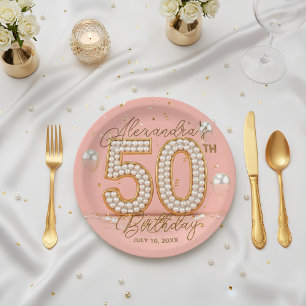 Glamourous Pearl and Gold 50th Birthday Party Paper Plate
