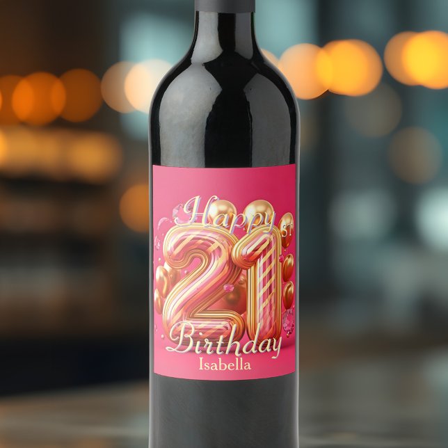 Glamourous Pink and Gold Striped 21st Birthday Wine Label (Creator Uploaded)