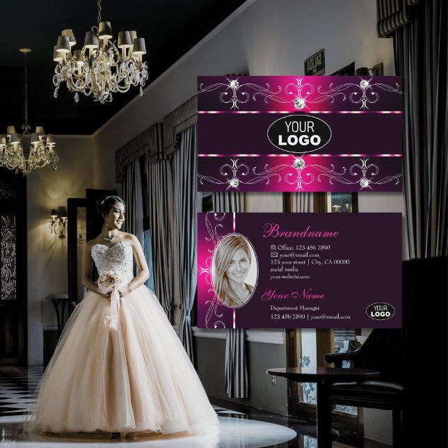 Glamourous Pink Burgundy Ornate Borders Logo & Fot Business Card (Creator Uploaded)