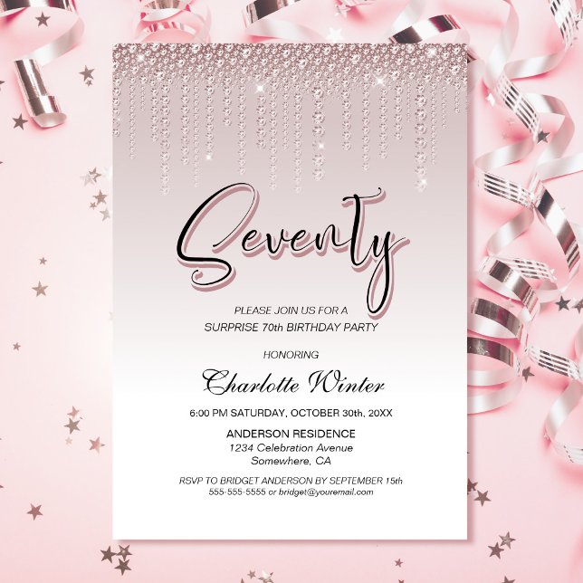 Glamourous Pink Diamonds Surprise 70th Birthday Invitation (Creator Uploaded)