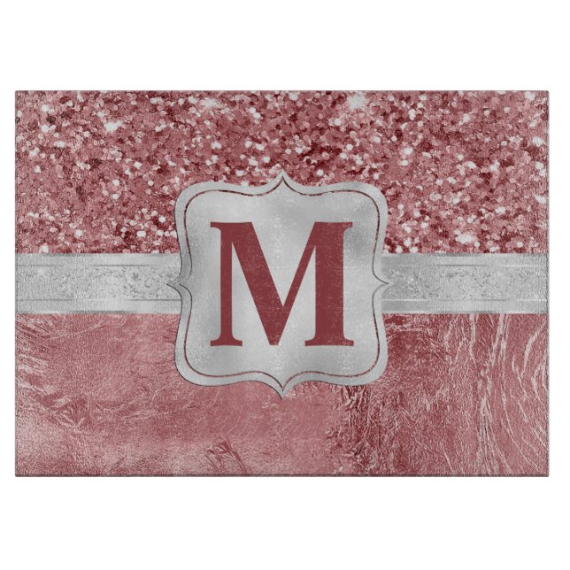 Glamourous Pink Foil and Glitter Monogram Cutting Board (Front)