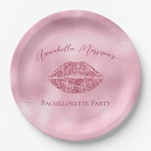 Glamourous Pink Glitter Lips Bachelorette Paper Plate