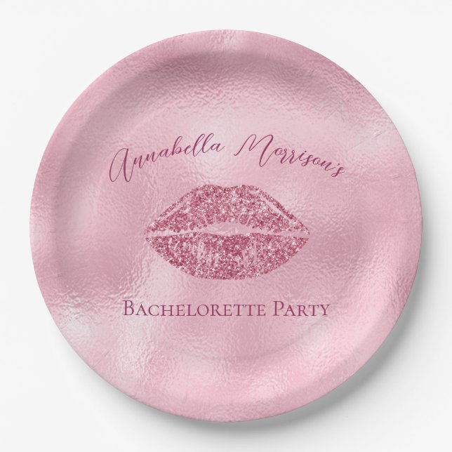Glamourous Pink Glitter Lips Bachelorette Paper Plate (Front)