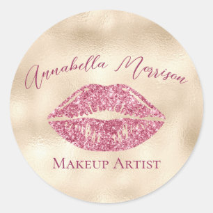 Glamourous Pink Glitter Lips on Champagne Gold Classic Round Sticker