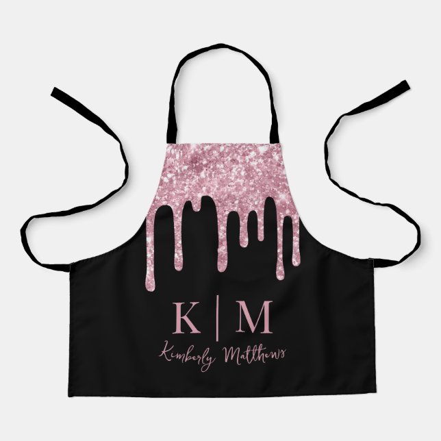 Glamourous Pink Glitter Monogram Initials on Black Apron (Front)