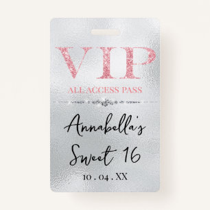 Glamourous Pink Glitter on Silver VIP ID Badge