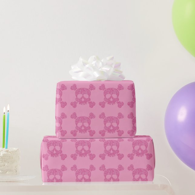 Glamourous Pink Glitter Skull and Crossbones Wrapping Paper (Party Gifts)