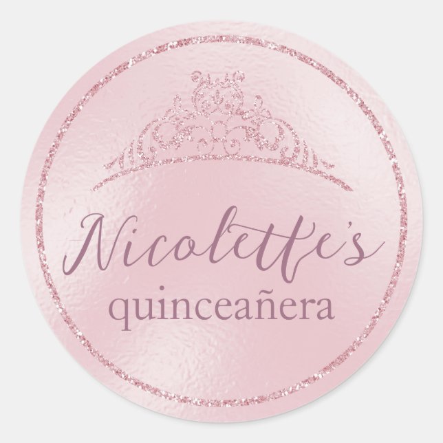 Glamourous Pink Glitter Tiara Quinceañera Classic Round Sticker (Front)