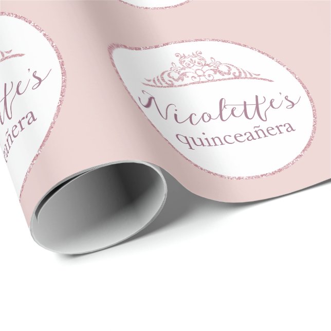 Glamourous Pink Glitter Tiara Quinceañera Wrapping Paper (Roll Corner)