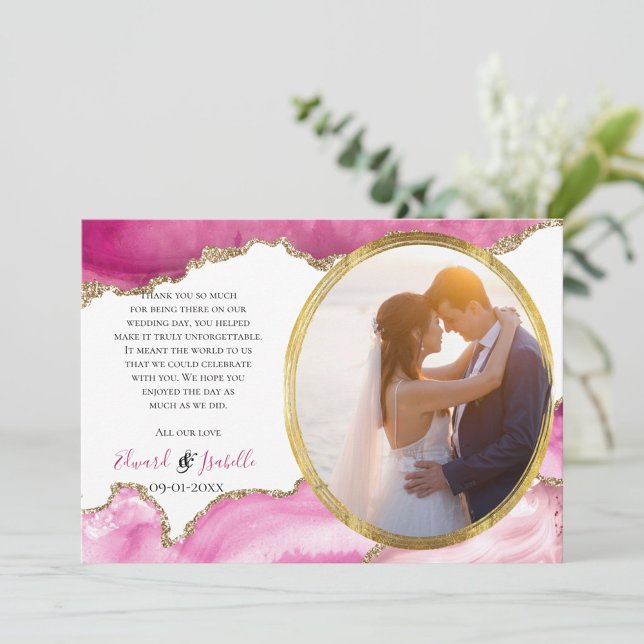 Glamourous Pink & Gold Agate Stone Couple Photo Th Thank You Card (Creator Uploaded)