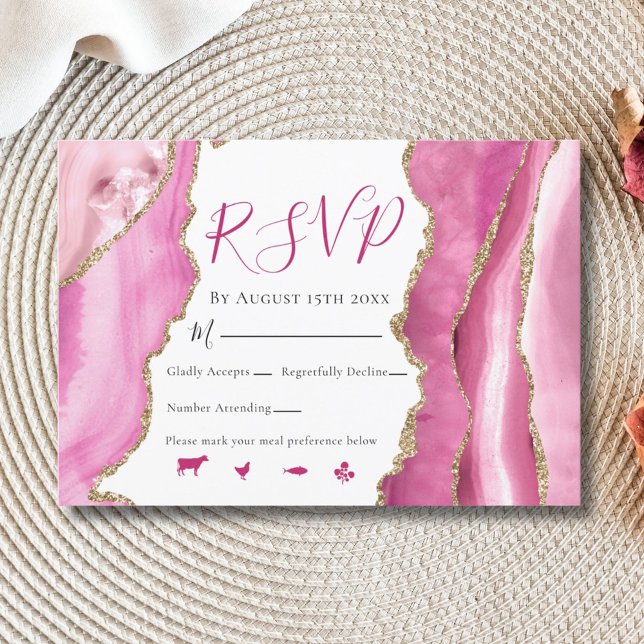 Glamourous Pink & Gold Agate Stone Wedding RSVP Card (Creator Uploaded)