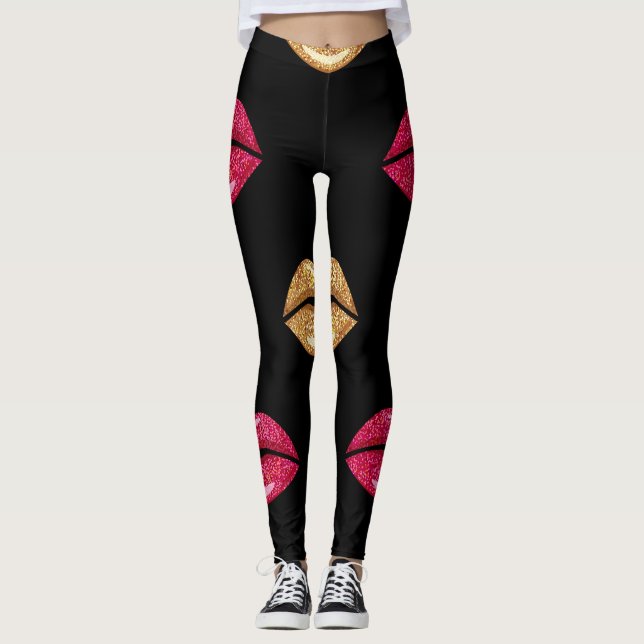 Glamourous Pink Gold: Shimmering Lipstick Pattern Leggings (Front)