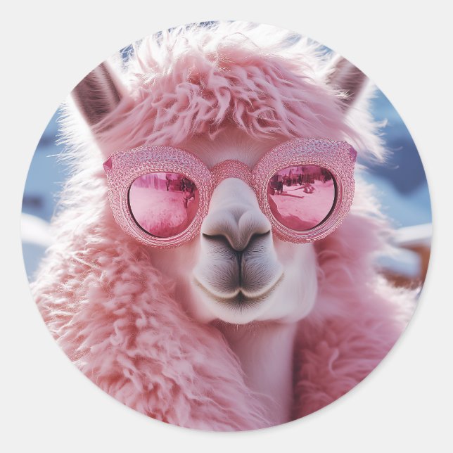 Glamourous Pink Llama - Winter Fashion Icon Classic Round Sticker (Front)