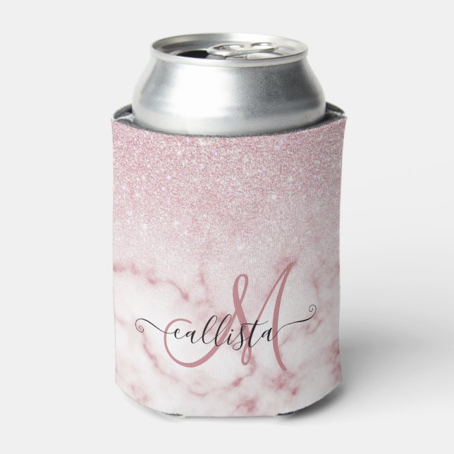 Glamourous Pink White Glitter Marble Gradient Ombr Can Cooler (Can Front)
