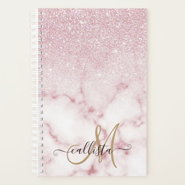 Glamourous Pink White Glitter Marble Gradient Ombr Planner (Front)