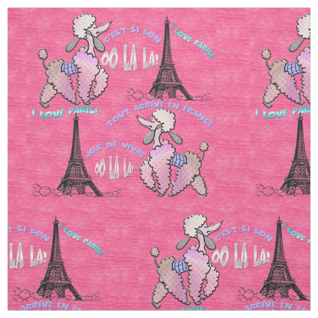 Glamourous Poodle in Paris on Strawberry Pink Fabric (Swatch)