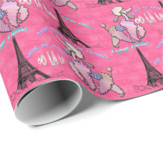 Glamourous Poodle in Paris on Strawberry Pink Wrapping Paper