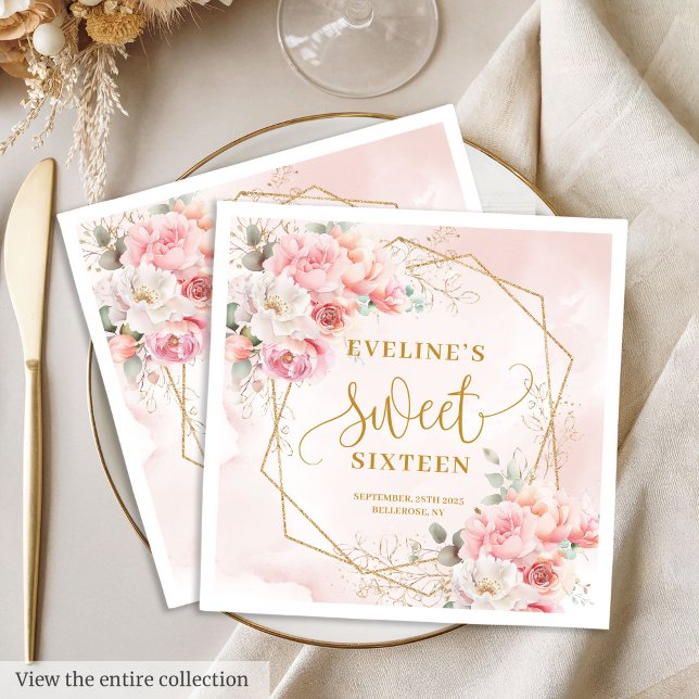 Glamourous Powder Pink Gold Flowers Sweet 16 Napki Napkin (Glamorous Powder Pink Gold Flowers Sweet 16 Napkins)