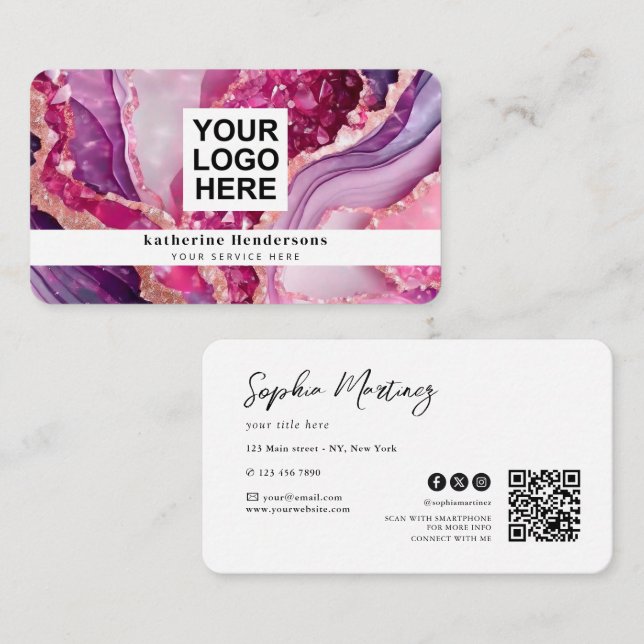 Glamourous purple agate & QR Code Logo Business Card (Front/Back)