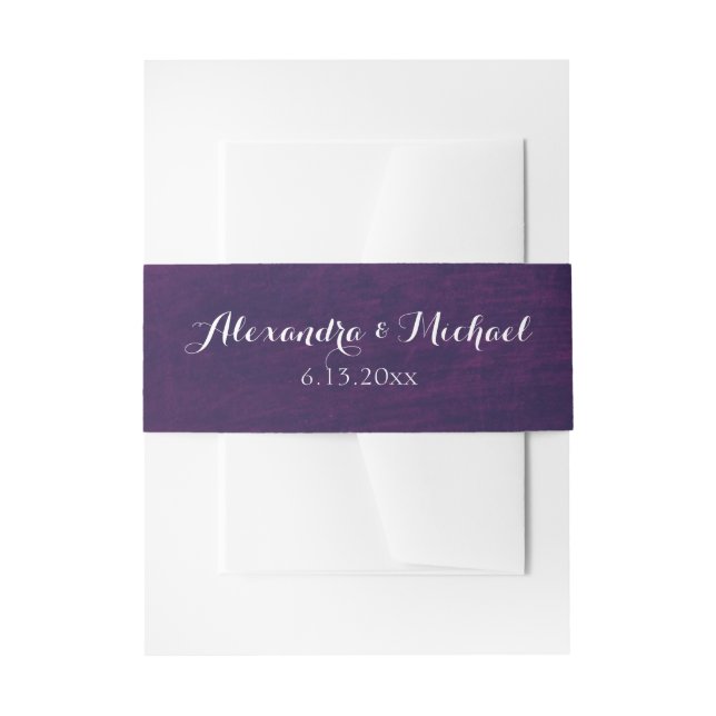 Glamourous Purple Background with White Script Invitation Belly Band (Front Example)