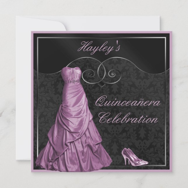 Glamourous Purple Ball Gown Black Quinceanera Invitation (Front)