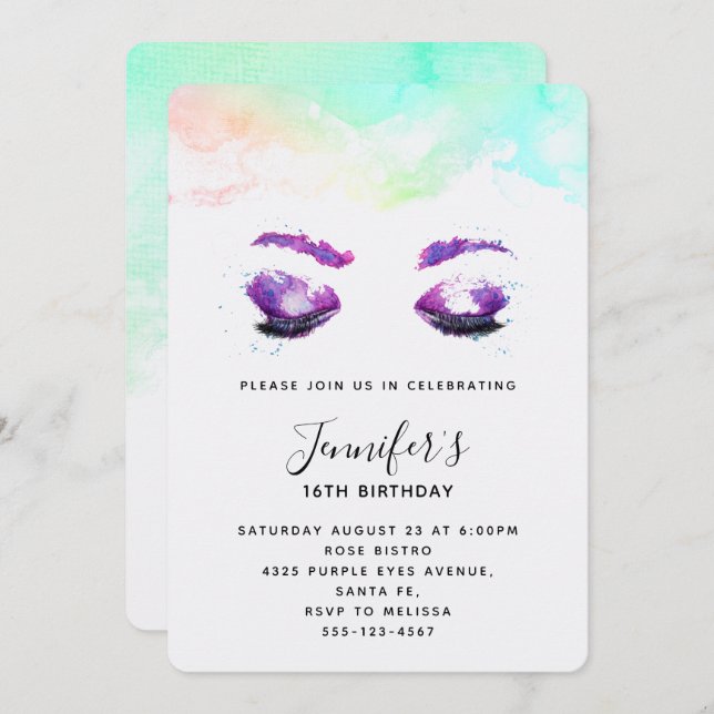 Glamourous Purple Eyes & Brows Watercolor Birthday Invitation (Front/Back)