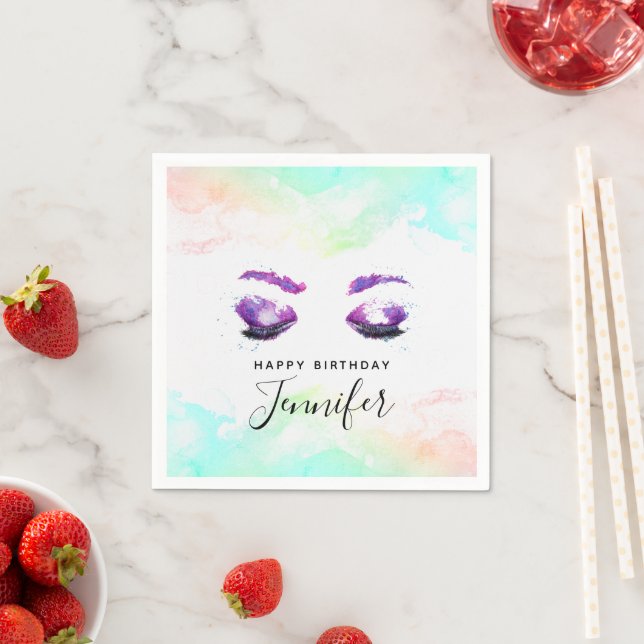 Glamourous Purple Eyes & Brows Watercolor Birthday Napkin (Insitu)