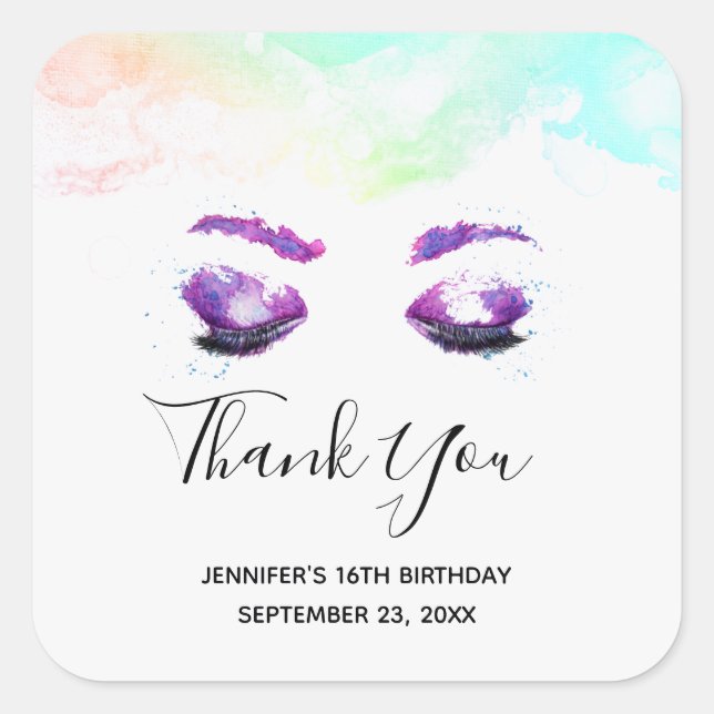 Glamourous Purple Eyes & Brows Watercolor Birthday Square Sticker (Front)