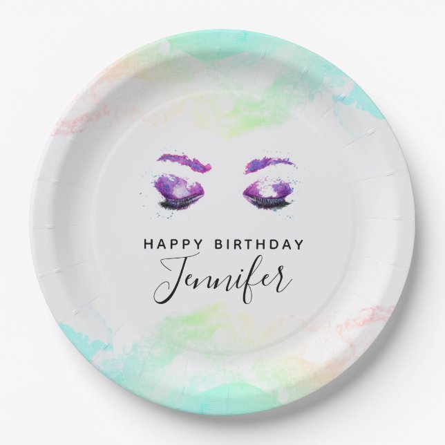 Glamourous Purple Eyes & Brows Watercolor Paper Plate (Front)