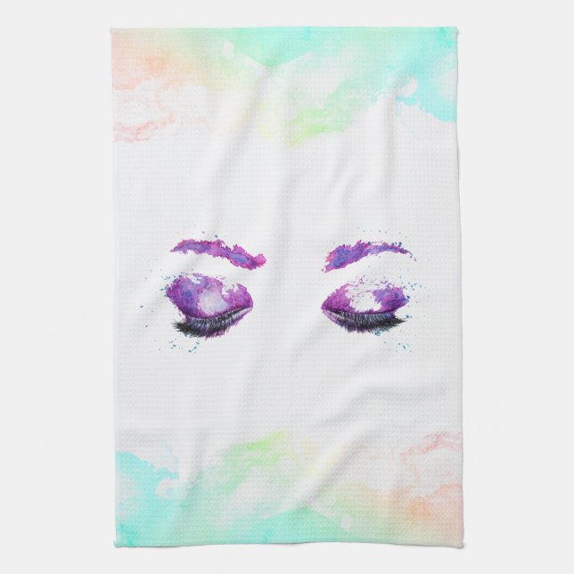 Glamourous Purple Eyes & Brows Watercolor Tea Towel (Vertical)