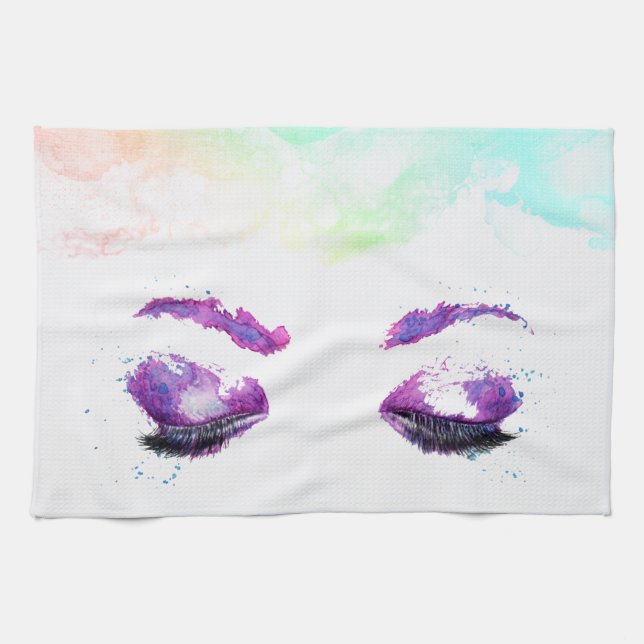 Glamourous Purple Eyes & Brows Watercolor Tea Towel (Horizontal)