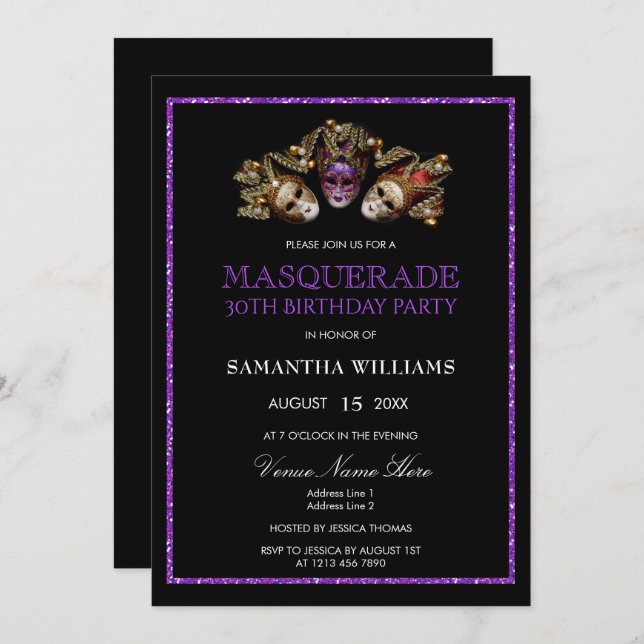 Glamourous Purple Glitter  Masquerade 30th Birthda Invitation (Front/Back)
