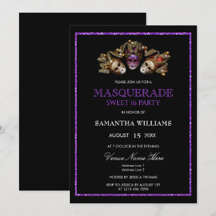 Glamourous Purple Glitters Masquerade Sweet 16 Invitation