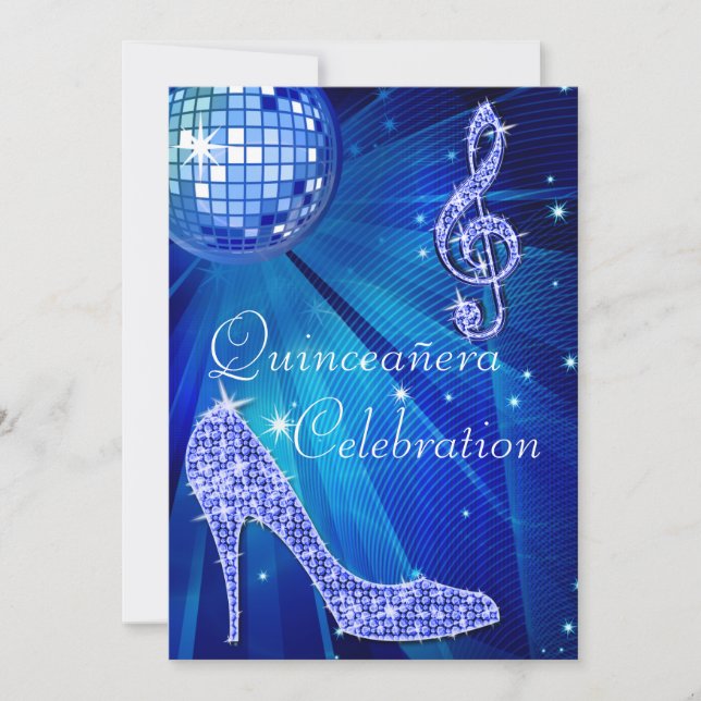 Glamourous Quinceañera Disco Ball and Sparkle Heel Invitation (Front)