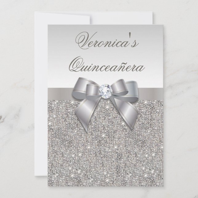 Glamourous Quinceañera Faux Silver Sequins and Bow Invitation (Front)