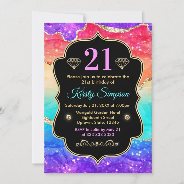 Glamourous Rainbow Alcohol Ink Agate Birthday Invitation (Front)
