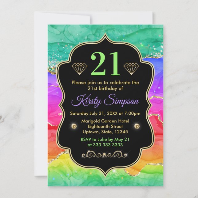Glamourous Rainbow Alcohol Ink Agate Birthday Invitation (Front)
