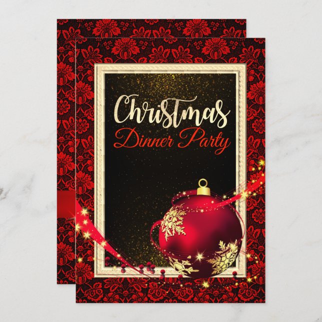 Glamourous Red Damask Christmas Dinner Invite (Front/Back)