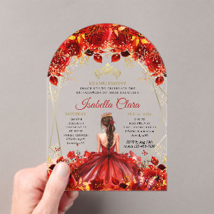 Glamourous Red & Gold Floral Quinceanera Acrylic Invitations