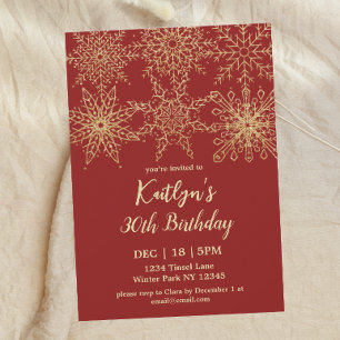 Glamourous Red Gold Winter 30th Birthday Invitation