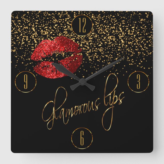 Glamourous Red Lips and Gold Confetti Square Wall Clock (Front)