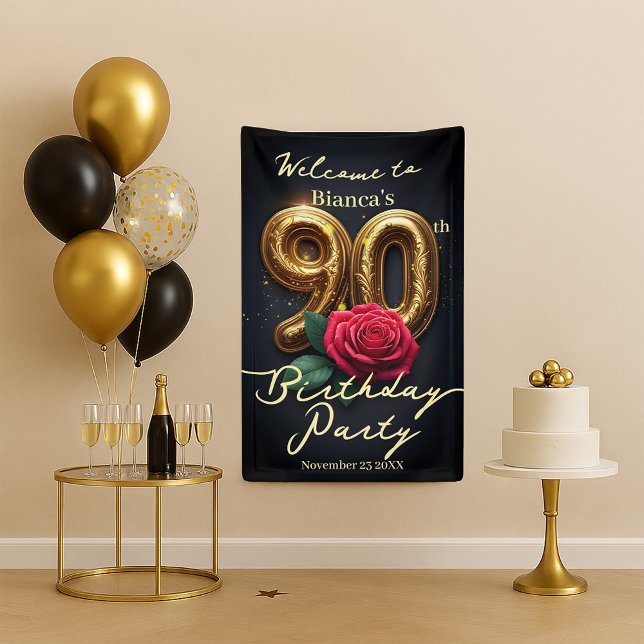 Glamourous Red Rose Golden Birthday 90th Welcome Banner (Creator Uploaded)