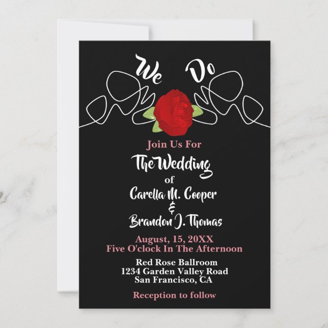 Glamourous Romantic We Do Red Rose Black Wedding Invitation (Front)