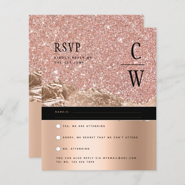 Glamourous ROSE Gold Black Wedding RSVP (Front/Back)